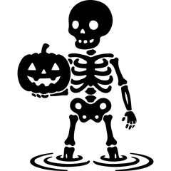Halloween Skeleton Holding a Pumpkin with a Smiling Face Graphic Silhouette Perfect for Invitations and Spooky Decorations