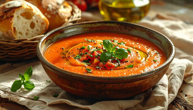 Close-up of gazpacho soup in ceramic bowl with sourdough bread on rustic table. Fresh ingredients, Mediterranean cuisine, and summer meal concept.