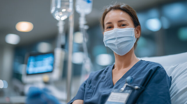 Medical technician in scrubs precisely managing IV drip system, serene sterile hospital room atmosphere evoking recovery and trust