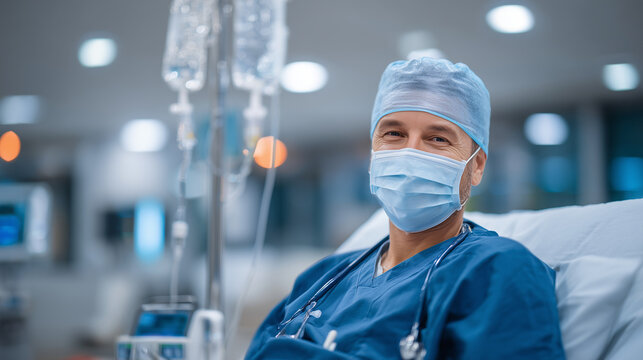 Medical technician in scrubs precisely managing IV drip system, serene sterile hospital room atmosphere evoking recovery and trust