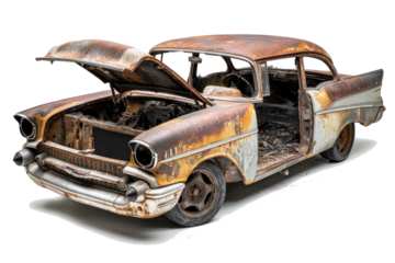 Abandoned rusty classic american car with open hood and doors on white background