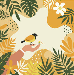 Hand Holding Bird in Tropical Floral Frame Illustration
