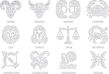 Fototapeta premium 12 zodiac icons on a vector sheet, clean layout, solid colors only, no gradients, sharp lines, consistent style, balanced grid, high-quality vector illustration, scalable SVG, no texture or blur.