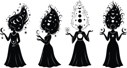 Celestial goddess silhouettes with cosmic hair, moon phases, stars, and mystical symbols for astrology, spirituality, and fantasy vector illustration