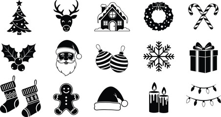 Christmas icon silhouette set featuring tree, Santa, gifts, ornaments, and festive symbols for holiday, seasonal, and vector design