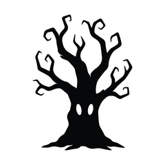 Spooky Silhouette Tree with Glowing Eyes for Halloween Celebrations and Designs a Creepy Icon for Haunted Houses and Autumn Festivals