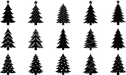 Christmas tree silhouette set with varied shapes, decorations, and star toppers for festive, seasonal, and holiday vector illustration design