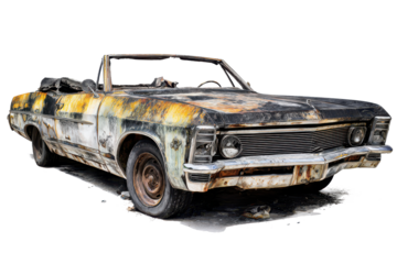 Artistic watercolor painting of a weathered and rusty classic american convertible car