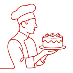 Chef holding a decorated cake while smiling in a line art style  