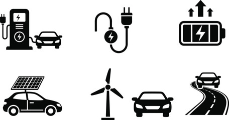 Electric vehicle charging, solar car, wind energy, battery power, clean transportation, renewable energy icons for eco-friendly mobility and sustainability