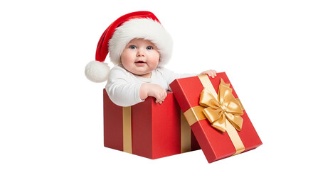 Smiling Santa Claus in a red hat is holding a Christmas gift box with happiness for a child