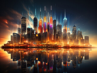 Fototapeta premium Real estate development and financial growth visualized with city skyscrapers and market graphs