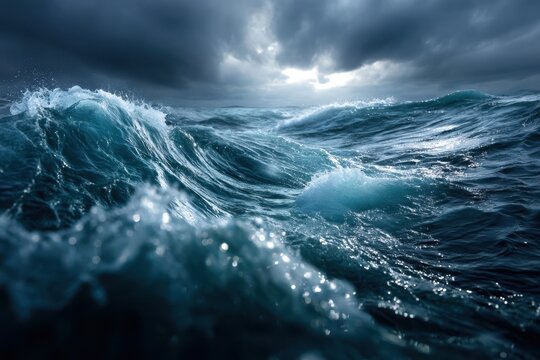 Stormy ocean waves crash against each other during a cloudy day near the coast
