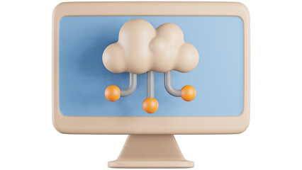 3D cloud computing illustration on computer screen digital technology concept