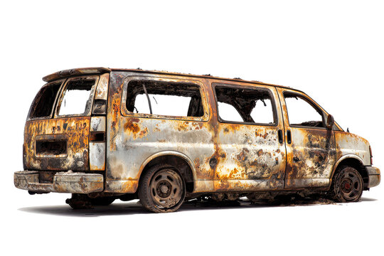 Burned out and rusted van isolated on a white background