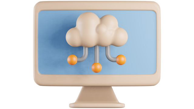 3D cloud computing illustration on computer screen digital technology concept