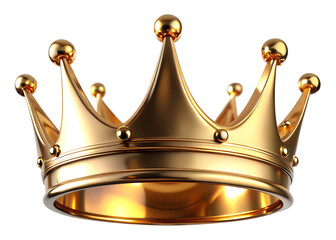 A gleaming golden royal crown with pointed spires and decorative golden beads against a stark black background