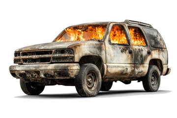 Damaged suv vehicle engulfed in flames on a white background