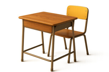 Wooden school desk and chair on transparent background