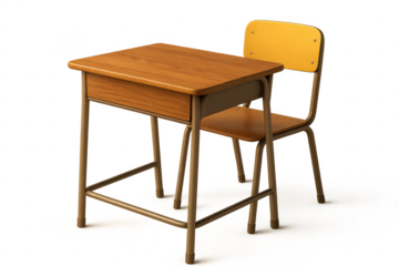 Wooden school desk and chair on transparent background