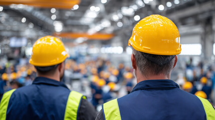 Fototapeta premium Factory employees wearing hard hats and safety vests attending a safety briefing in a large industrial hall, view from behind showing attentive posture and machinery in background