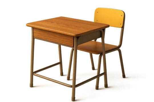Wooden school desk and chair on transparent background