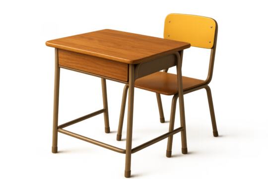 Wooden school desk and chair on transparent background