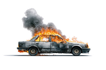 A vintage car engulfed in flames and thick black smoke against a white background