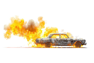 Classic car engulfed in flames and smoke on a white background
