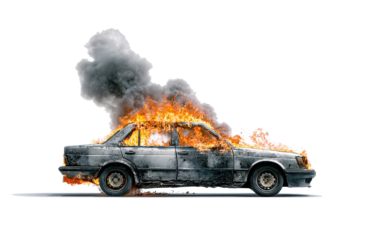 A vintage car engulfed in flames and thick black smoke against a white background