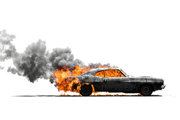 Classic car engulfed in flames and smoke on white background