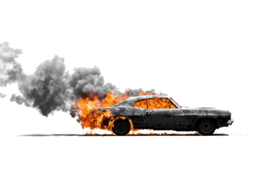 Classic car engulfed in flames and smoke on white background