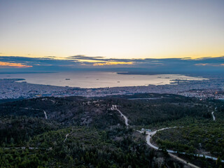 Fototapeta premium Aerial landscape of Thessaloniki city from above at sunset winter in Greece
