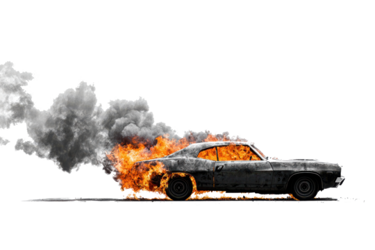 Classic car engulfed in flames and smoke on white background
