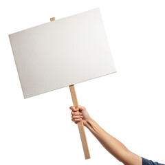 Hand holding a blank protest sign with a wooden stick isolated on transparent background for adding text
