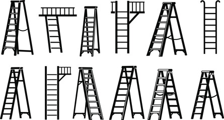 Silhouettes of various ladder types—step, extension, platform, and vertical—for construction, safety, industrial use, and vector illustration design