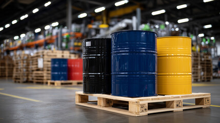 Spill containment pallet with colorful barrels in factory setting, bright industrial lights emphasizing organized and secure chemical storage