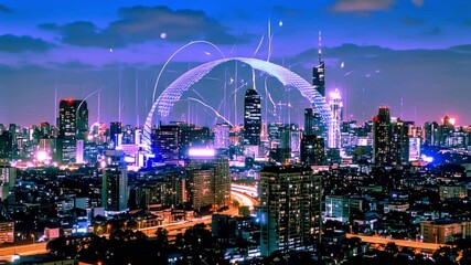 Futuristic digital city at night with glowing data connections and a holographic globe above skyscrapers, symbolizing technology, communication, and global network connectivity. - Powered by Adobe