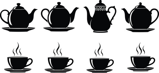 Teapot and teacup silhouette set with steam and saucers for beverage, kitchenware, and tea-themed vector illustration design