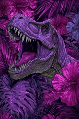 Naklejka premium t-rex in the jungle, surrounded by exotic flowers