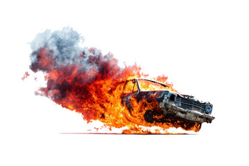 Intense fire engulfs wooden structure with billowing smoke against a white background