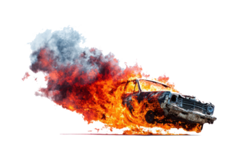 Intense fire engulfs wooden structure with billowing smoke against a white background