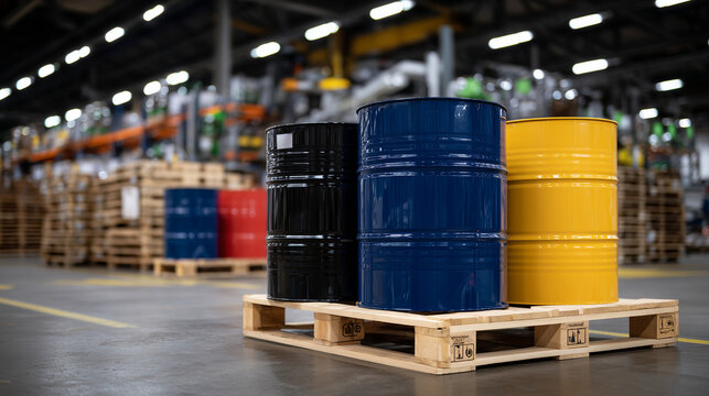 Spill containment pallet with colorful barrels in factory setting, bright industrial lights emphasizing organized and secure chemical storage