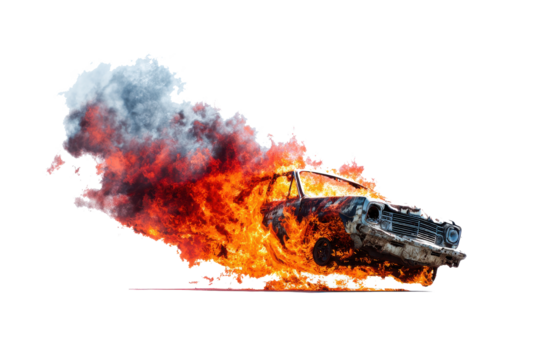 Intense fire engulfs wooden structure with billowing smoke against a white background