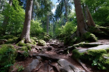 Fototapeta premium Explore the winding trail through lush green forest filled with