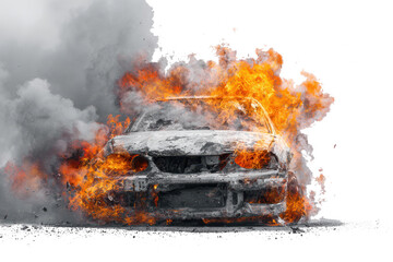Car engulfed in flames and smoke against a white background