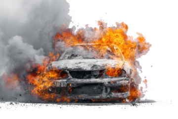 Car engulfed in flames and smoke against a white background