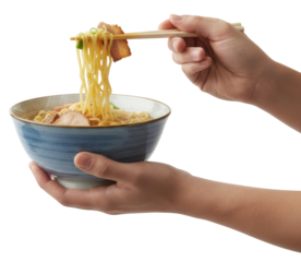 a pair of hands is holding a blue bowl with delicious noodles and meat