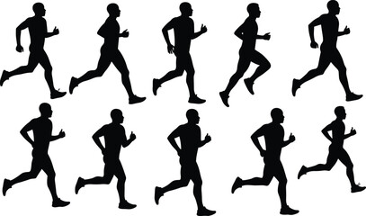 Running silhouettes, athletes in motion, jogging stride, fitness lifestyle, sport training, black figures, exercise activity, human locomotion, biomechanics, athletic performance