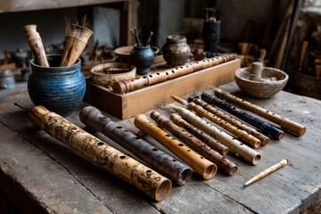 A table with many different kinds of flutes and other instruments